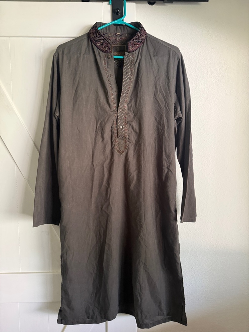 Embroidered Collar Summer Tunic Dress in Brown S